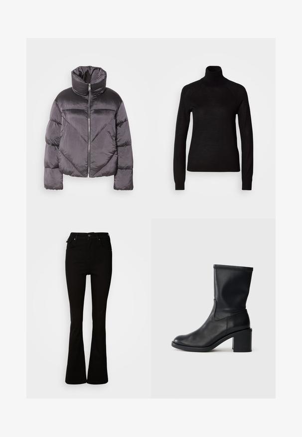 Doudoune gris foncé, avec un col montant, en matériau brillant, motif en chevrons, et fermeture à glissière à l'avant. Manches courtes rembourrées.; Pull à col roulé noir en tissu tricot léger. Avec des manches longues et une silhouette ajustée dotée de coutures raglan.; Jean noir évasé en denim, avec une taille haute, des poches avant, et un design classique à cinq poches avec des accents en métal.; Botte en cuir noir à cheville avec un bout rond, texture lisse et un talon épais, présentant un tige ajustée et un subtil détail de couture.