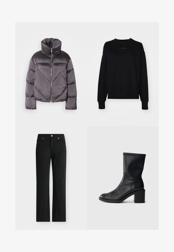 Daunenjacke in Dunkelgrau, mit hohem Kragen, glänzendem Material, Zickzackmuster und einem Reißverschluss vorne. Kurze, gepolsterte Ärmel.; Schwarzes Sweatshirt aus Baumwollmischung, mit langen Ärmeln, einem runden Halsausschnitt und einem dezenten Logo in der Mitte. Boxy-Schnitt mit gerippten Bündchen.; Schwarze Jeans mit geradem Bein, vorne mit Knopf- und Reißverschluss, fünf Taschen und Gürtelschlaufen.; Schwarze Leder-Ankle Boots mit runder Zehenform, glatter Oberfläche und dicker Absatz, ausgestattet mit einem eng anliegenden Schaft und subtilen Nähten.