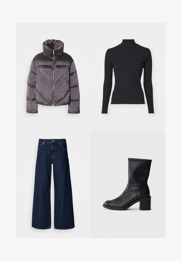 Puffjakke i mørkegrå, med høj krave, blankt materiale, chevronmønster og frontlynlås. Korte, polstrede ærmer.; Sort ribbet turtle-sweater med lange ærmer. Lavet af strækbart stof med en tætsiddende pasform og høj krave. Enkel design uden udsmykninger.; Bredde ben mørkeblå denimbukser med høj talje, frontlommer og knaplukning. Har kontrastsyninger og en glat tekstur.; Sort læder ankelstøvle med rund tå, glat tekstur og en grov hæl, der har et tætsiddende skaft og subtil syning.