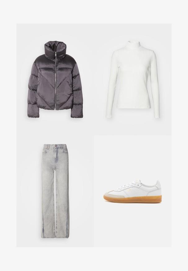 Daunenjacke in Dunkelgrau, mit hohem Kragen, glänzendem Material, Zickzackmuster und einem Reißverschluss vorne. Kurze, gepolsterte Ärmel.; Weißes geripptes Turtleneck-Oberteil mit langen Ärmeln, aus elastischem Stoff. Verfügt über ein enganliegendes Design und einen hohen Kragen für zusätzlichen Schutz.; Helle blaue Jeans mit weitem Bein aus Denim mit verblasster Waschung, ausgestattet mit einem Reißverschluss, fünf Taschen und Kontrastnähten.; Weiße Ledersneaker mit beigen Wildlederakzenten, Gummi-Rahmen und Schnürdesign. Verfügt über dezente Markenkennzeichnung in Gold.