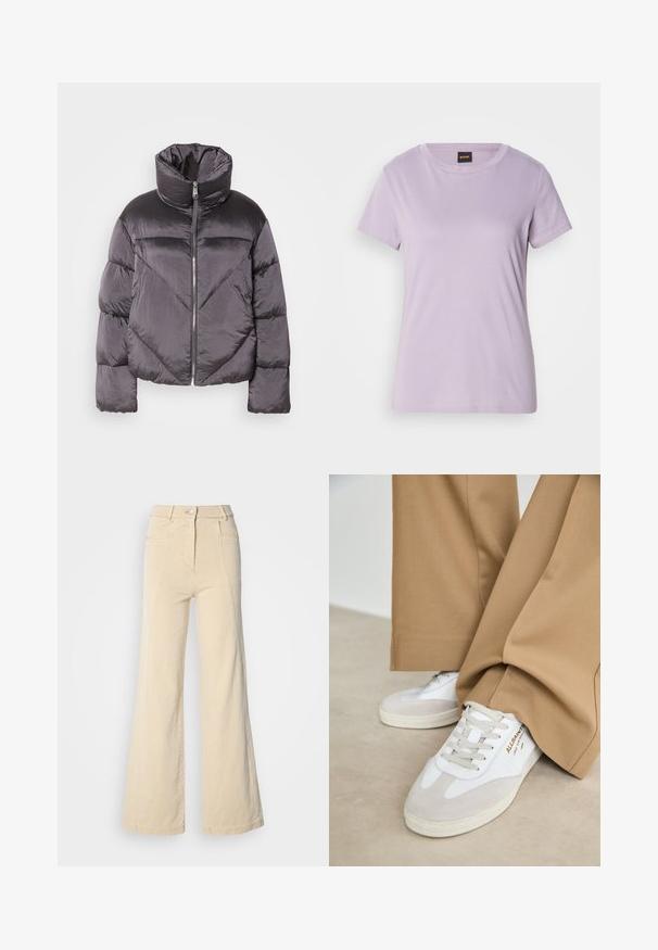 Doudoune gris foncé, avec un col montant, en matériau brillant, motif en chevrons, et fermeture à glissière à l'avant. Manches courtes rembourrées.; T-shirt en coton violet clair avec un col rond, des manches courtes et un logo en script subtil orné de strass sur la poitrine.; Jeans beige à jambes larges avec taille haute, poches avant, et couture contrastée, dotés d'une fermeture à bouton et d'une texture en coton lisse.; Baskets blanches avec des accents en daim, des lacets texturés et une semelle en caoutchouc. Associées à un pantalon beige ample. Logo affiché sur le côté.