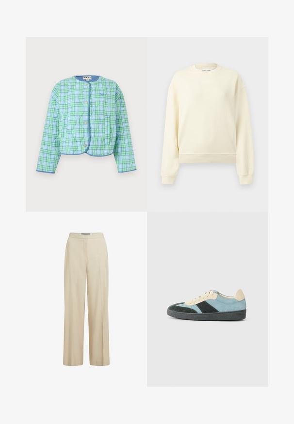 Veste matelassée à carreaux bleu clair et vert avec col rond, boutons pression, deux poches avant et bordure bleu.; Sweat-shirt à col rond beige crème à manches longues avec poignets et ourlet côtelés, présenté sur un fond gris clair uni.; Pantalon beige à jambes larges en tissu lisse, doté d'une ceinture plate et de deux plis avant pour plus de structure.; Baskets basses en suède bleu clair, vert foncé et beige avec semelle noire et lacets beiges, présentées de l'extérieur.