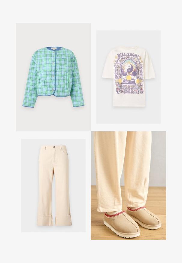 Veste matelassée à carreaux bleu clair et vert avec col rond, boutons pression, deux poches avant et bordure bleu.; T-shirt à manches courtes de couleur crème avec un imprimé psychédélique violet et jaune représentant un soleil yin-yang, les phases de la lune, des fleurs, des champignons et du texte.; Pantalon large couleur crème avec bouton sur le devant, passants pour ceinture, poches avant et revers pliés.; Pieds portant des chaussons beiges avec une bordure rouge et un pantalon crème debout sur un sol en bois.