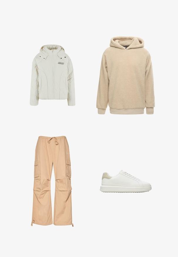 Hvid polstret jakke med høj krave, lynlås foran og hætte. Har metaltrykknapper og et logo-patch på venstre brystområde.; Beige fleece hoodie med en tekstureret overflade, stor hætte og ribbede manchetter og kant. Har en afslappet pasform og lange ærmer.; Beige cargo bukser med elastisk talje og snor, med sidelommer og en afslappet pasform. Fremstillet af letvægtsstof.; Hvide sneakers lavet af glat læder med en tekstureret beige hælaccent, med runde snørebånd, et lavt profil design og en gummiydersål.