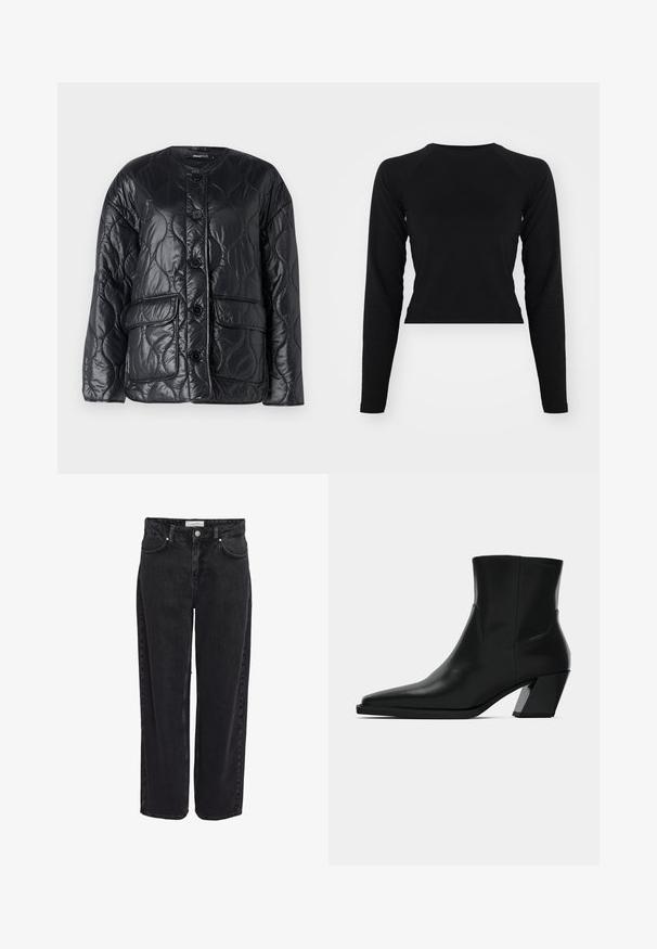 Čierna prešívaná bunda vyrobená z lesklého a hladkého materiálu. Má okrúhly výstrih, zapínanie na gombíky a predné vrecká.; Čierny dlhý rukáv cropped top s okrúhlym výstrihom a raglánovými rukávmi. Hladká textúra, minimalistický dizajn a bez viditeľných vzorov alebo hardvéru.; Čierne džínsové nohavice širokého strihu s vysokým pásom, dizajn s piatimi vreckami a zapínaním na zips. Hladká textúra s minimom viditeľných švov.; Čierna kožená členková topánka s špicatou špičkou, elegantným siluetou a masívnym štvorecovým podpätkom. Hladký povrch s minimálnymi švovými detailmi.