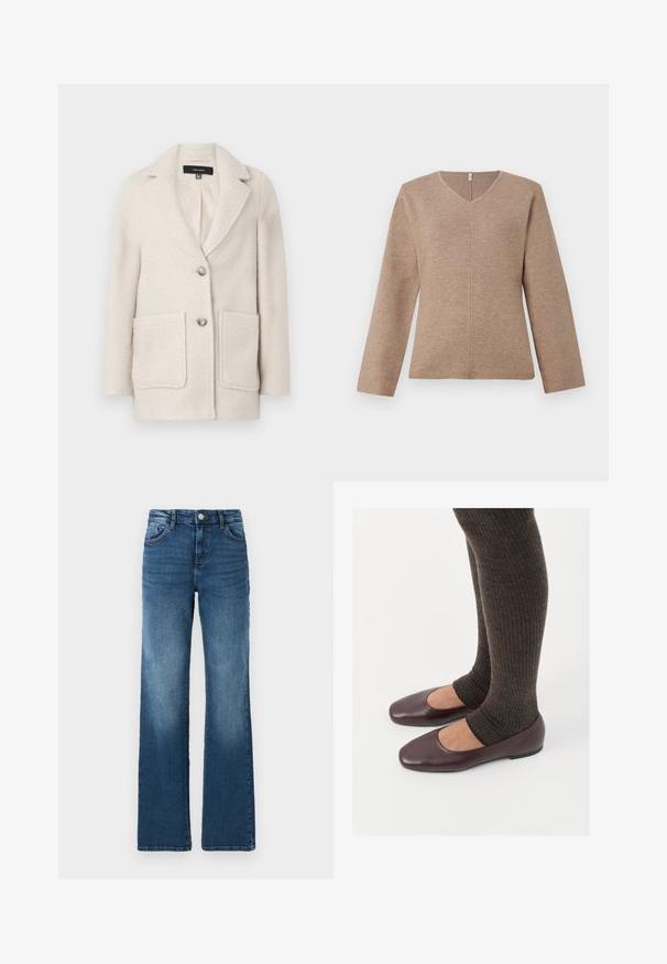 Manteau en mélange de laine beige clair avec un col cranté, deux poches avant et une fermeture à bouton simple. Tissu doux et texturé.; Pull à col en V en tricot brun clair, doté de manches longues et d'un détail de couture central pour un ajustement décontracté. Texture douce, design minimaliste.; Jeans en denim bleu avec une coupe droite, cinq poches, un léger décoloration, fermeture par bouton et détails de couture contrastants.; Ballerines en cuir verni bourgogne à bout carré, accompagnées de chaussettes en tricot côtelé marron foncé atteignant le molet.