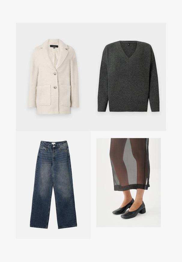 Lys beige uld-blandet frakke med slået krave, to forlommer og en enkelt knaplukning. Blødt, tekstureret stof.; Grå strikket sweater med V-hals, ribbede manchetter og kant. Har en blød tekstur og en afslappet pasform, velegnet til lagdeling i køligere vejr.; Mænds højtaljede blå denim jeans med brede ben, frontknap og lynlås samt for- og baglommer.; Sorte sko med blokhæle og glat læderfinish, båret med et gennemsigtigt sort skørt med en ren kant og minimalistisk design.