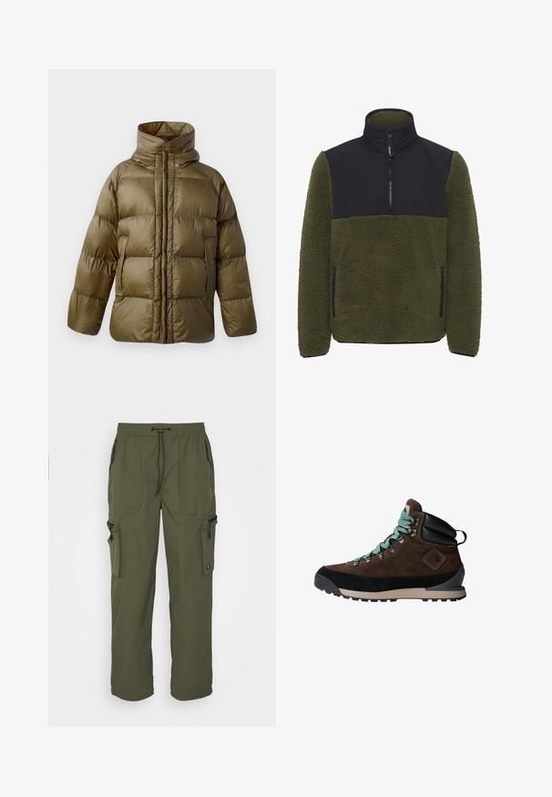 CLOSED PUFFER JACKET - Veste d'hiver - marsh green; Pull-over en polaire vert olive avec un panneau en nylon noir sur la poitrine. Il comprend un col montant, une fermeture éclair mi-haute et des poches latérales.; Pantalons cargo vert olive en tissu léger, avec une taille élastique, un système de fermeture à cordon, et plusieurs poches zippées.; Botte de randonnée brune avec une tige en daim, accents noirs et lacets turquoise. Dotée d'une semelle robuste et d'un soutien de cheville renforcé.