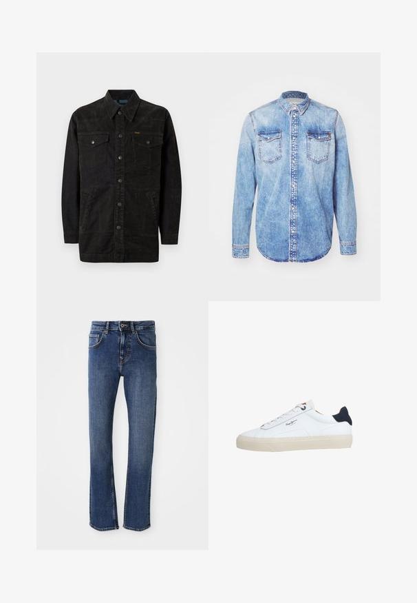 Veste en denim noir avec des boutons-pression, deux poches sur la poitrine, des poches latérales et un col pointu. Présente des coutures discrètes et une finition texturée.; Chemise en denim bleu clair à manches longues, col boutonné, deux poches sur la poitrine et surpiqûres contrastées. Ourlet arrondi et coupe classique.; Jean en denim bleu clair avec une coupe droite, style cinq poches et fermeture à bouton en métal. Présente des coutures discrètes et une texture lisse.; Baskets basses blanches avec semelle beige, lacets blancs, languette de talon noire et logo "Pepe Jeans London" sur le côté.