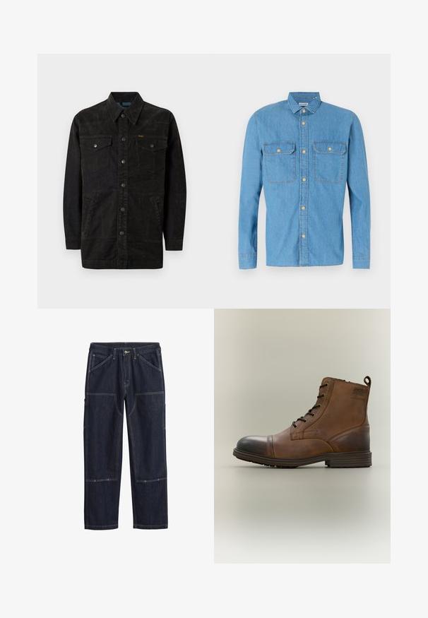 Veste en denim noir avec des boutons-pression, deux poches sur la poitrine, des poches latérales et un col pointu. Présente des coutures discrètes et une finition texturée.; Chemise en denim bleu clair à manches longues, fermeture à boutons sur le devant, deux poches poitrines, col pointu et boutons dorés. Texture lisse, design décontracté.; Pantalons en denim bleu foncé avec des coutures doubles, un bouton frontal, des passants de ceinture et plusieurs poches à renfort sur les jambes.; Botte cheville en cuir marron à lacets avec bout noir, semelle ronde et détail de marque sur le côté sur fond uni.