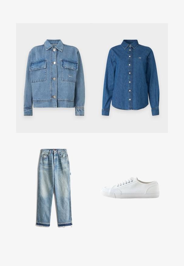 Lichtblauwe spijkerjack met een klassieke kraag, twee voorzakken, zilveren knopen en oranje stikselaccenten. Heeft een recht-toe-rechtaan pasvorm.; GANT REG - Overhemdblouse - indigo; Lichtblauwe denim jeans met een rechte pijp, voorzien van een rafelige zoom. Standaard zakken en zichtbare stikseldetails door het geheel.; Witte lage canvas sneaker met witte veters en rubberen zool, gezien van opzij op een witte achtergrond.