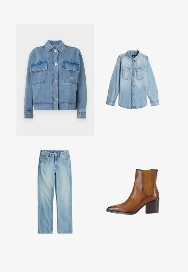 Lichtblauwe spijkerjack met een klassieke kraag, twee voorzakken, zilveren knopen en oranje stikselaccenten. Heeft een recht-toe-rechtaan pasvorm.; Lichtblauwe denim overhemd met lange mouwen, kraag, knoopsluiting aan de voorkant en twee borstzakken met knoopflappen.; Lichtblauwe denim jeans met rechte pijpen, vooraan knoop- en ritsluiting, riemlussen en voor- en achterzakken.; Bruine leren enkellaarzen met een gestapelde blokhak, elastisch zijpaneel en een puntige neus, weergegeven vanaf de buitenkant op een witte achtergrond.
