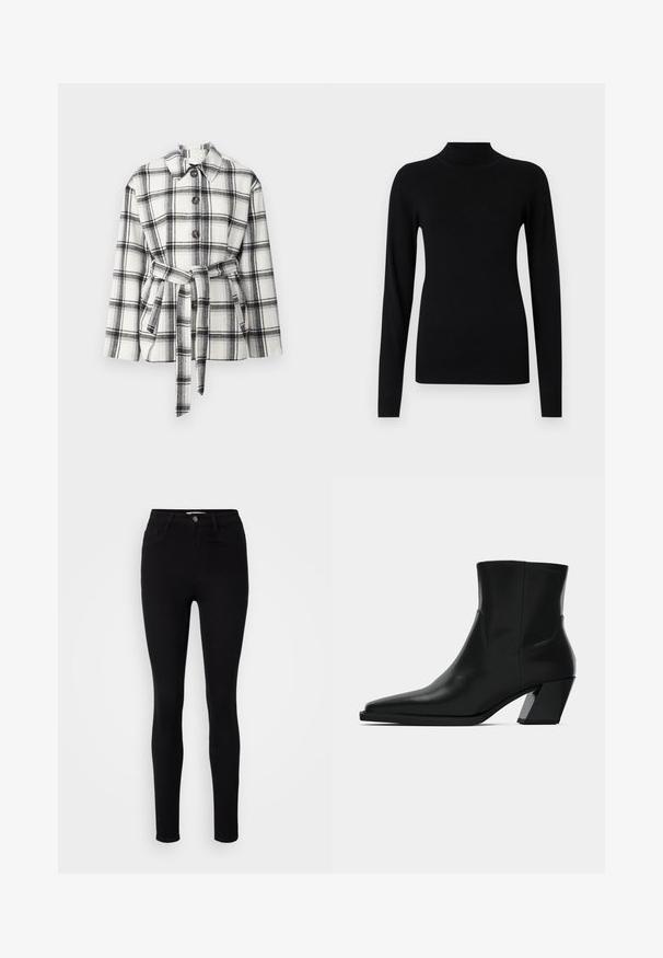 Veste à carreaux noir et blanc avec un col, des boutons sur le devant et une taille ceinturée, présentant une texture de tissu douce.; Pull noir ajusté à col roulé manches longues avec poignets et ourlet côtelés sur fond gris clair.; Jeans skinny noirs taille haute en denim. Comprend cinq poches et une fermeture à bouton en métal à l'avant. Texture lisse avec un design ajusté.; Bottine en cuir noir avec un bout pointu, une silhouette élégante et un talon carré massif. Texture lisse avec des détails de couture minimalistes.