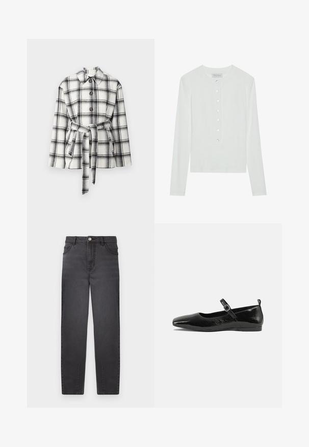 Veste à carreaux noir et blanc avec un col, des boutons sur le devant et une taille ceinturée, présentant une texture de tissu douce.; Haut à manches longues blanc en tissu côtelé, avec un col rond et un devant boutonné comportant six boutons transparents.; Jeans en denim noir à taille haute, avec une coupe droite, deux poches avant et une fermeture à bouton argenté. Texture lisse avec un soupçon d'éclat.; Chaussure plate en cuir verni noir avec un bout pointu, une sangle de cheville avec boucles, et une texture lisse et brillante. Talon bas pour le confort.