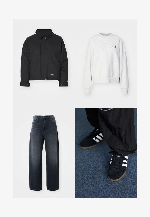 Dickies SEASONAL JACKET - Ελαφρύ μπουφάν - black; Γκρίζα μπλούζα με στρογγυλή λαιμόκοψη από μαλακό ύφασμα, με ριμπ τελειώματα στις μανσέτες και το κάτω μέρος; διαθέτει κεντημένο λογότυπο στο στήθος σε κίτρινο και μπορντό.; Τζιν παντελόνι σε σκούρο μπλε χρώμα, με φαρδιά πόδια, ψηλή μέση, κλασικό κλείσιμο με κουμπί και φερμουάρ, και ελαφριά ξεθώριασμα μπροστά.; Μαύρα σουέτ αθλητικά παπούτσια με τρεις λευκές ρίγες και μαύρους κορδόνες. Ένα υφαντό μαύρο παντελόνι είναι μερικώς ορατό δίπλα από τα παπούτσια.