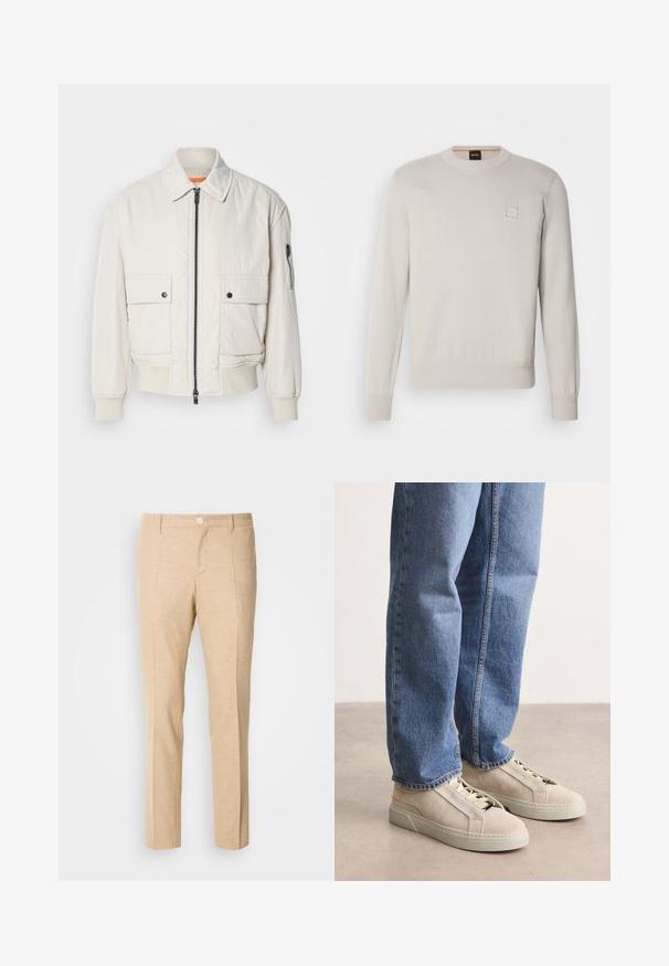 Leichte Bomberjacke aus Creme mit Reißverschluss vorne, zwei Fronttaschen, gerippten Bündchen und einer glatten Textur. Verfügt über einen dezenten orangen Akzent innen am Kragen.; Heller beiger Strickpullover mit langen Ärmeln, Rundhalsausschnitt, geripptem Saum und Bündchen, mit einem kleinen rechteckigen Logo auf der Brust.; Beige maßgeschneiderte Hosen aus strukturierter Stoff, mit geradem Bein-Design, vorderen Falten und einem einzigen Knopfverschluss an der Taille.; BOSS GARYTENN_SDHDEL - Sneaker low - natural ten