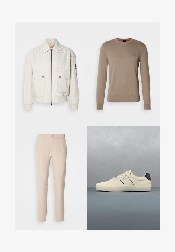 Leichte Bomberjacke aus Creme mit Reißverschluss vorne, zwei Fronttaschen, gerippten Bündchen und einer glatten Textur. Verfügt über einen dezenten orangen Akzent innen am Kragen.; Beiger Rundhals-Pullover für Herren mit langen Ärmeln, gerippten Bündchen und Saum, der ein kleines quadratisches Logo-Patch auf der Brust trägt.; Beige Hose aus weichem Stoff, mit Knopfverschluss, geradem Schnitt und seitlichen Taschen. Glatte Textur mit minimalen Nähdetails.; Cremfarbene Sneaker mit glatter Oberfläche, die schwarze Akzente und Markenlogo aufweisen. Klassisches Schnürdesign mit runder Zehenform und Gummisohle.