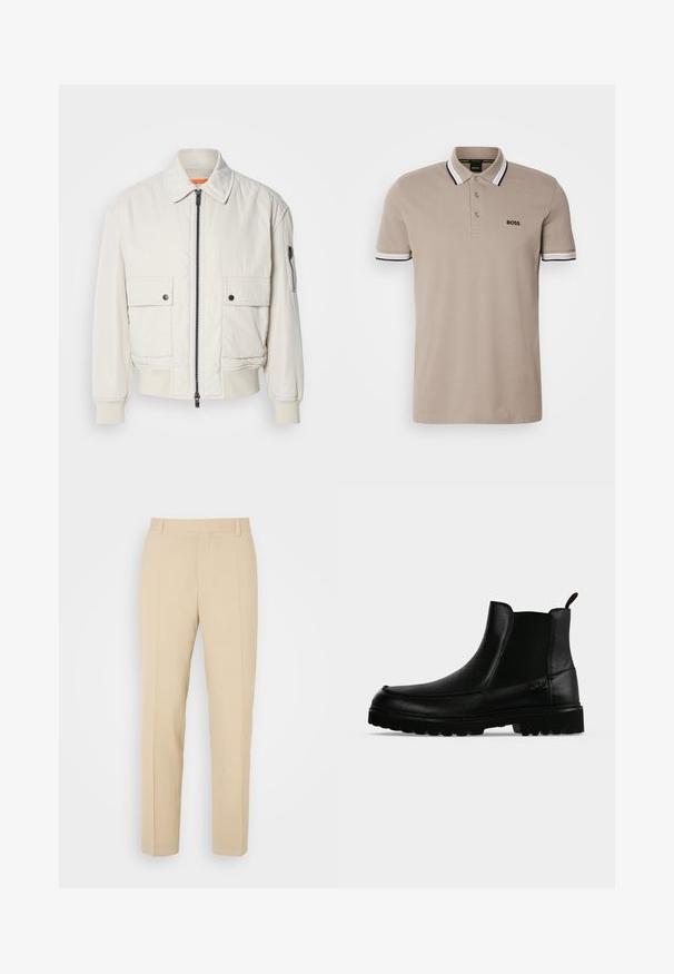 Leichte Bomberjacke aus Creme mit Reißverschluss vorne, zwei Fronttaschen, gerippten Bündchen und einer glatten Textur. Verfügt über einen dezenten orangen Akzent innen am Kragen.; Beiger Poloshirt mit klassischem Kragen, kurzen Ärmeln und Besatz in Schwarz und Weiß. Besticktes 'BOSS'-Logo auf der Brust.; Beige maßgeschneiderte Hosen mit geradem Bein, aus leichtem Stoff, mit zwei vorderen Taschen und ordentlich gebügelten Falten.; Schwarzer Lederknöchelstiefel mit strukturierter Sohle, elastischen Seitenteilen und Zuglasche vor einem hellgrauen Hintergrund.