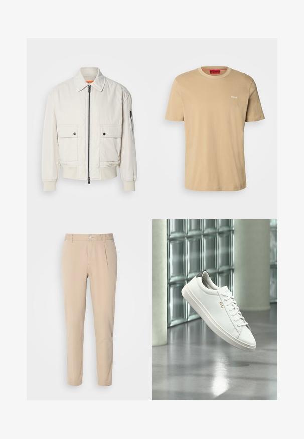 Leichte Bomberjacke aus Creme mit Reißverschluss vorne, zwei Fronttaschen, gerippten Bündchen und einer glatten Textur. Verfügt über einen dezenten orangen Akzent innen am Kragen.; Beige Baumwoll-T-Shirt mit Rundhalsausschnitt, kurzen Ärmeln und einem kleinen weißen "HUGO"-Logo auf der Brust. Glatte Textur ohne Muster.; Beige Hosen mit schmaler Passform, aus gewebtem Material. Sie verfügen über einen einzelnen Knopfverschluss, eine gefalte Vorderseite und gerade Beine.; Weißer Leder-Low-Top-Sneaker mit Schnürsenkeln, schwarzer Fersenschlaufe und „BOSS“-Logo, der drinnen nahe einer Glassteinwand und einem polierten Boden schwebt.