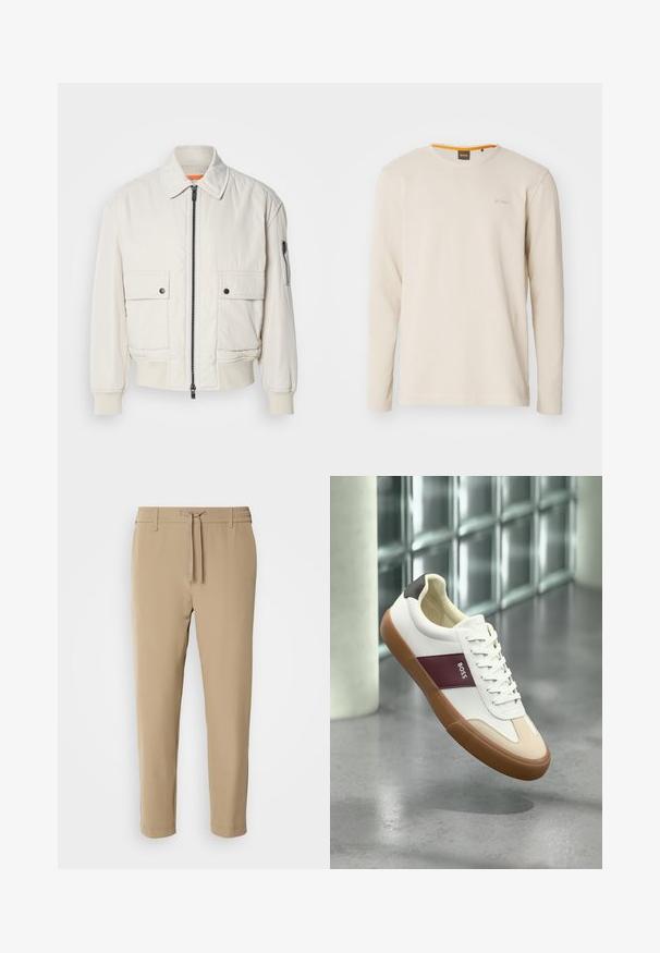Leichte Bomberjacke aus Creme mit Reißverschluss vorne, zwei Fronttaschen, gerippten Bündchen und einer glatten Textur. Verfügt über einen dezenten orangen Akzent innen am Kragen.; Helles beige Langarm-T-Shirt aus strukturiertem Stoff. Mit Rundhalsausschnitt und einem kleinen Logo auf der Brust, das einen orangefarbenen Akzent im Kragen aufweist.; Beige, taillierte Hose mit elastischem Bund und Kordelzug. Glattes Material mit einem schlichten Design ohne sichtbare Muster oder Hardware.; Weißer Sneaker mit niedrigem Schaft, brauner Sohle, weinrotem Streifen mit der Aufschrift "BOSS", beigen Zehenakzenten und schwarzer Ferse, der über einem grauen Boden schwebt.