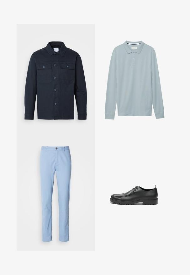 Dunkelblauses Hemd mit Knöpfen, aus einer Baumwollmischung gefertigt, mit zwei Brusttaschen und klassischem Kragendesign.; Langärmliges Poloshirt in Hellblau mit einem flachen Kragen, Knopfleiste mit drei Knöpfen und einem subtil strukturierten Stoff. Mit gestreiftem Innenkragen.; Helle blaue Baumwollchinos mit geradem Beinschnitt, ausgestattet mit einem einzelnen Knopfverschluss und dezenten vorderen Falten.; Schwarze Lederschuhe mit glatter Oberfläche, runder Zehenform und dekorativer Naht. Mit einer Gummisohle mit Traktionsrillen und Schnürdesign.
