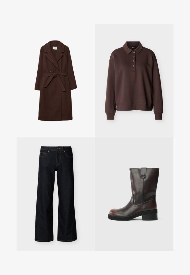 Brun uldblandingsfrakke med dobbeltbrystet design, slå-om krave, taljebånd og sidelommer, der har en blød tekstur.; Brun langærmet poloshirt med fire knapper, ribstrikkede ærmeender og ribstrikket kant mod en ensfarvet hvid baggrund.; Mørkeblå jeans med brede ben, med forreste knap, lynlås og styling med fem lommer på en ensfarvet lys baggrund.; Brun læder ankelstøvle med en rund tå, mid-høj blokhæl og diskrete stikninger. Har en sideløkke for nem påklædning.