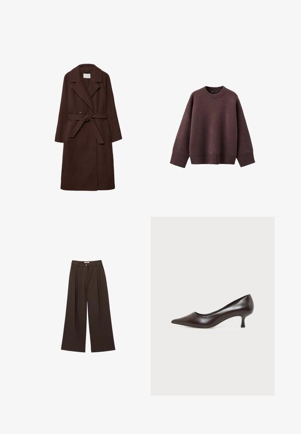 Brun uldblandingsfrakke med dobbeltbrystet design, slå-om krave, taljebånd og sidelommer, der har en blød tekstur.; Løs pasform sweater i mørk bordeaux, lavet af blødt strikket stof. Har en ribstrikket rund hals, vide ærmer og en ribstrikket kant.; Brune brede bukser lavet af et glat stof, med frontplisseringer, sidelommer og en knaplukning i taljen.; Mørkebrun læderpumps med spids tå og lav buet hæl på hvid baggrund.