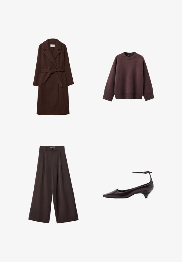 Brun uldblandingsfrakke med dobbeltbrystet design, slå-om krave, taljebånd og sidelommer, der har en blød tekstur.; Løs pasform sweater i mørk bordeaux, lavet af blødt strikket stof. Har en ribstrikket rund hals, vide ærmer og en ribstrikket kant.; Bukser med vidde i mørkebrun stof, med plisseringer, knaplukning og en glat tekstur; ankel-længde med et skræddersyet design.; Mørkebrune spidse læder kitten heel sko med en tynd ankelrem og en lille guldbeslag.