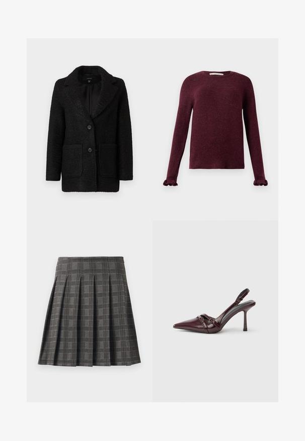 Schwarzer, strukturierten Blazer mit Reverskragen, ausgestattet mit zwei Fronttaschen und zwei Knopfverschluss. Mit gefüttertem Innenbereich. Klassische Silhouette.; Burgunderroter Strickpullover mit langen Ärmeln, Rüschensaum und rundem Halsauschnitt auf einem einfarbigen Hintergrund.; Faltenrock in einem grauen Karomuster, aus einem strukturierten Stoff gefertigt. Verfügt über vertikale Falten und einen geraden Saum.; Bordeauxroter Slingback-Pumps aus Lackleder mit spitz zulaufender Vorderkappe, dünnem Knöchelriemen und kleiner dekorativer Schnalle. Glatte Textur und hoher Absatz.