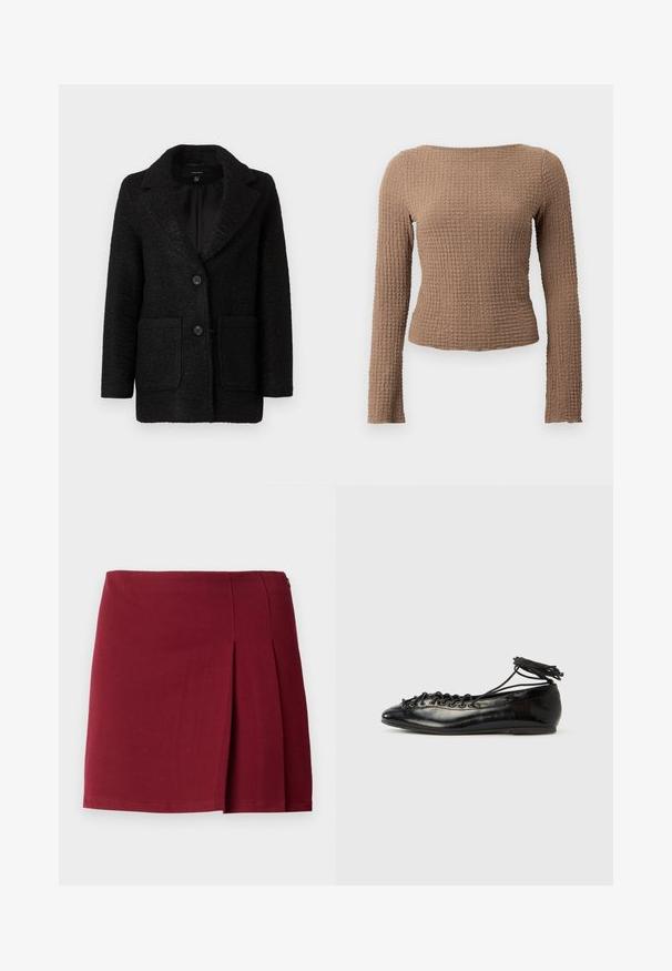 Schwarzer, strukturierten Blazer mit Reverskragen, ausgestattet mit zwei Fronttaschen und zwei Knopfverschluss. Mit gefüttertem Innenbereich. Klassische Silhouette.; Brauner, strukturierten, langärmliger, enganliegender Oberteil mit einem Bootsausschnitt und einem dezenten Waffelmuster.; Burgunderfarbene, plissierte Minirock mit glatter Textur, tailliertem Bund und seitlichem Reißverschluss. Einfaches, minimalistisches Design ohne Muster.; Schwarze Ballerinas aus Lackleder mit runder Spitze, Schnürdesign und flacher Sohle. Glatte Textur mit minimaler Verzierung.