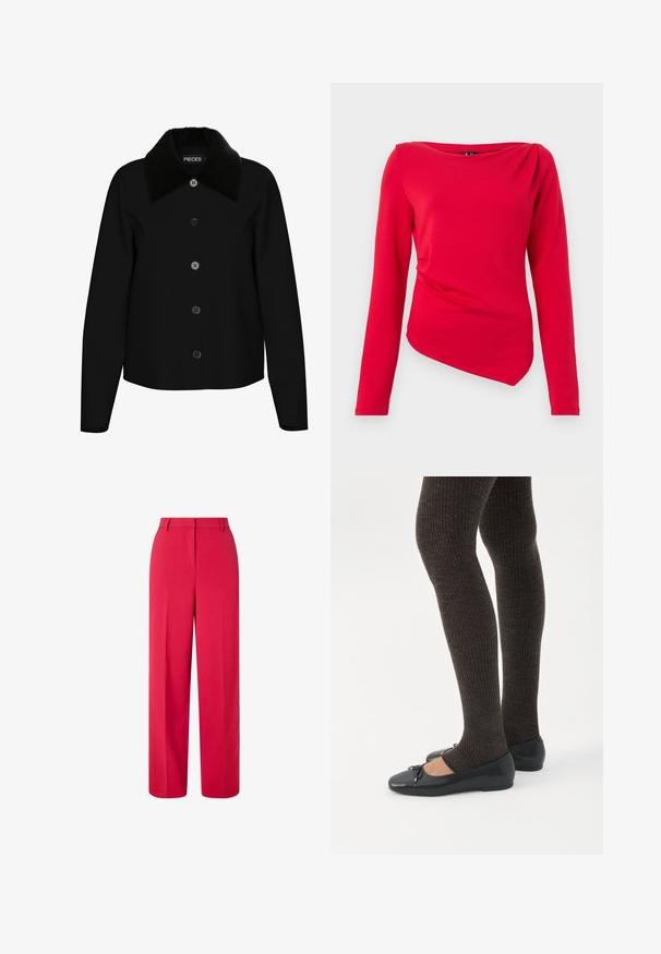 Veste noire avec un col en peluche noir, fermeture frontale à six boutons, manches longues et design court. Texture lisse et silhouette simple.; Haut rouge à manches longues avec encolure bateau, ourlet asymétrique et détail drapé à l'épaule, fabriqué en tissu extensible doux.; Pantalons larges rouges taille haute avec passants de ceinture et fermeture frontale dissimulée sur fond blanc.; Jambes portant des leggings côtelés foncés associés à des ballerines noires avec de petits détails en nœud sur fond blanc.