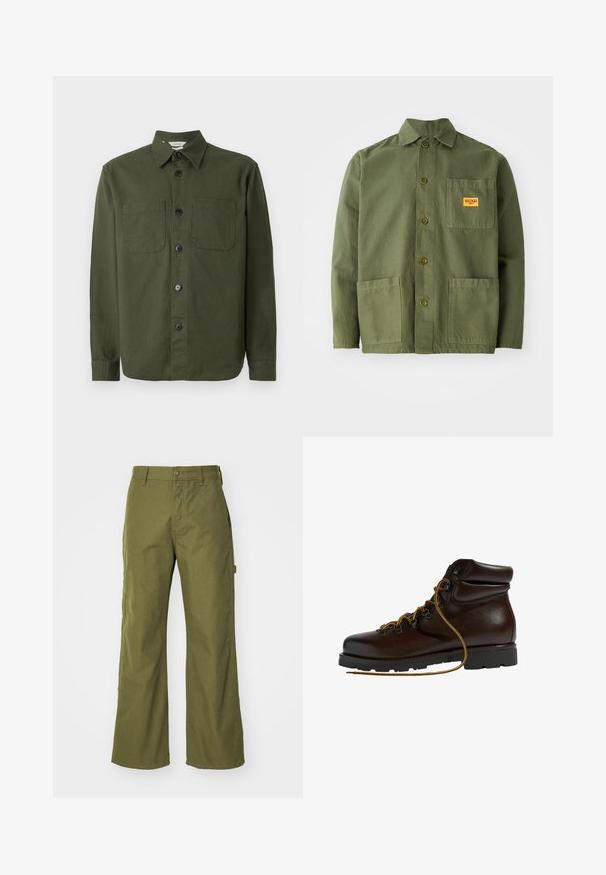 Chemise boutonnée vert foncé en tissu doux, dotée d'un col, de deux poches poitrine et de boutons noirs le long de la patte de boutonnage.; Veste verte olive en coton épais, avec un col pointu, des boutons à l'avant et deux grandes poches plaquées. Comprend un petit patch avec un logo.; Pantalons larges vert olive en tissu durable, dotés d'une fermeture à bouton, de poches latérales et d'un design à ourlet droit.; Bottine de randonnée en cuir marron avec un bout arrondi, surface texturée, lacets jaunes et œillets en métal. Dotée d'une semelle en caoutchouc noir robuste.