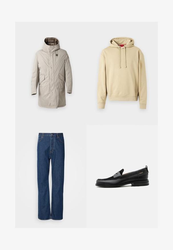 Lichtbeige, knielange parka met een capuchon, drukknoopsluiting en twee zijzakken. Soepele, licht gekreukelde textuur met een logopatch op de mouw.; Beige hooded sweatshirt met trekkoorden en ribgebreide manchetten, met een klein logo op de borst en een rood label binnenin de kraag.; Blauwe denim jeans met een recht gesneden ontwerp, voorzien van een knoopsluiting, vijf zakken en contrasterende stiksels langs de naden.; Zwarte leren loafer met grijs riemdetailelement, lage hak en gestructureerde zool, aan de zijkant gebrandmerkt met "HUGO" in goud.
