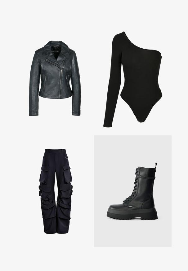 Chaqueta de motocicleta de cuero negro con un diseño ajustado, amplias solapas y dos bolsillos con cremallera. Textura suave y cremallera frontal asimétrica.; Bodysuit negro de un solo hombro hecho de tela elástica, con una manga larga en un lado, aberturas de pierna de corte alto y un diseño ajustado.; Pantalones cargo negros de tejido texturizado, con múltiples bolsillos grandes, un ajuste relajado y detalles fruncidos a lo largo de los lados.; Botas de tobillo de cuero negro con cordones, suela de goma gruesa, parte superior texturizada y tirador lateral. Presentan un acento de logo en el costado.