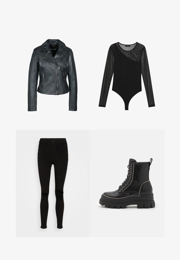 Chaqueta de motocicleta de cuero negro con un diseño ajustado, amplias solapas y dos bolsillos con cremallera. Textura suave y cremallera frontal asimétrica.; Bodysuit negro con mangas largas de malla transparente, diseño ajustado, escote asimétrico y parte inferior suave y opaca.; American Eagle SUPER HIGH RISE - Jeggings - black wash; Botas de cuero negras hasta el tobillo con suela de goma gruesa, con cordones en la parte delantera, cremallera lateral y acentos de cremallera plateados.