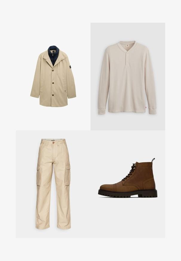 Beiger Außenmantel mit einem blauen gepolsterten Kragen, einreihiger Knopfverschluss, Seitentaschen und schwarzem Akzent am Ärmel.; Langärmliges Henley-Shirt aus leicht beigem Rippstoff mit V-Ausschnitt, Knopfleiste mit drei Knöpfen und angeschnittenen Ärmeln. Roter Logo-Tag am Saum.; Beige Cargo-Hosen mit zwei Seitentaschen, Knopfverschluss, Gürtelschlaufen und geradem Bein. Hergestellt aus strapazierfähigem Baumwollmaterial.; Braune Leder Schnürstiefelette mit dickem schwarzem Profilsohle und Zugschlaufe auf weißem Hintergrund.