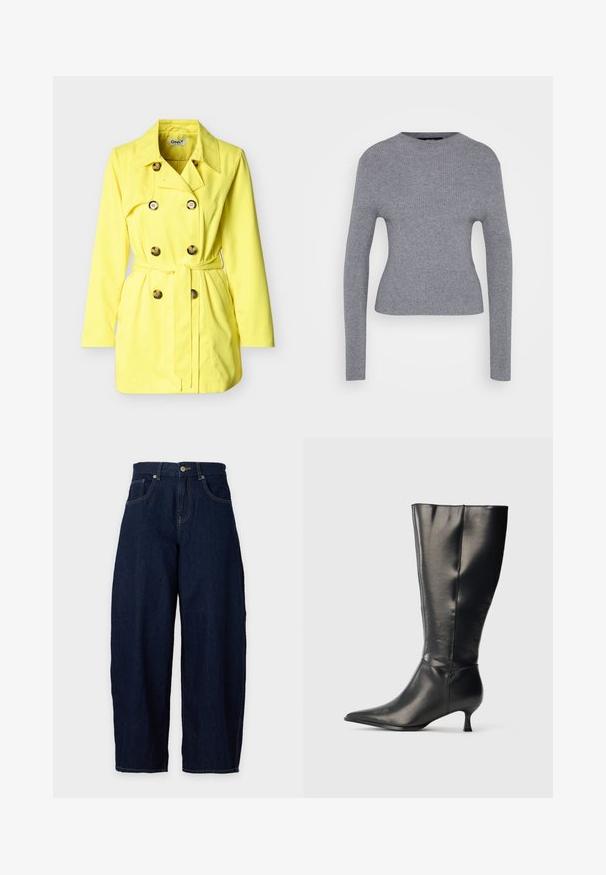 Trench-coat jaune avec fermeture boutonnée croisée, ceinture et poches latérales. Tissu lisse avec un col classique et des manches longues.; Pull à manches longues gris côtelé avec un col rond et une silhouette ajustée, présenté sur un fond blanc uni.; Jean en denim bleu foncé à jambes larges, fermeture avant par bouton et zip, passants de ceinture et poches avant sur fond clair.; Botte en cuir noire montant jusqu'au genou, avec un bout pointu et un petit talon bas, présentée sur un fond clair uni.