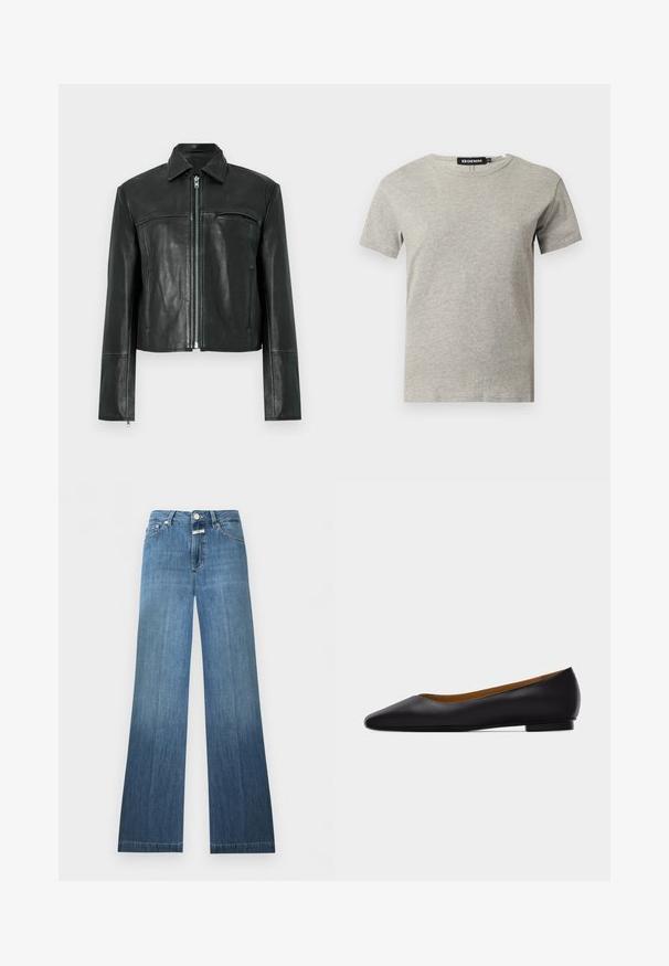 Veste en cuir noire avec fermeture éclair à l'avant, col pointu et une poche poitrine. Présente des détails de coutures et une coupe courte. Texture lisse.; T-shirt en coton gris clair à manches courtes et col rond avec une étiquette noire visible à l'intérieur du col indiquant "DENIM" et la taille "S."; Jean en denim bleu à taille haute, fermeture à boutons, poches avant et arrière, et légère évasement en bas.; Chaussure plate en cuir noir à bout pointu avec talon bas et finition lisse, vue de côté sur un fond gris clair.