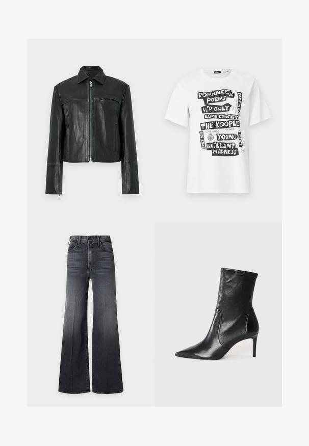 Veste en cuir noire avec fermeture éclair à l'avant, col pointu et une poche poitrine. Présente des détails de coutures et une coupe courte. Texture lisse.; T-shirt blanc à manches courtes avec des phrases en texte noir en blocs, notamment "Romance & Poèmes", "Concert d'amour", "The Kooples" et "Folie Brillante".; Jean noir taille haute à jambes larges avec poches avant et fermeture à bouton, présentant de subtils détails de décoloration et de stries.; Bottes noires à la cheville en cuir lisse, dotées d'un bout pointu, d'un tige ajustée et d'un talon haut fin. Design minimaliste sans quincaillerie visible.