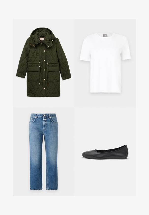 Olijfgroen gewatteerde lange jas met capuchon, drukknoopsluiting aan de voorkant, verstelbare taille met trekkoord, klepzakken en kraag op een effen achtergrond.; Effen witte T-shirt met korte mouwen en ronde hals, getoond tegen een neutrale achtergrond, met een klein grijs label met "MM" bij de kraag.; CLOSED MILO - Straight leg jeans - mid blue; Zwarte leren ballerina met een ronde neus, gladde textuur, minimale stikdetails en een flexibele zoolontwerp.