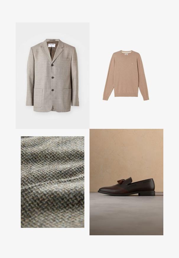 Lys brun blazer med en tekstureret stof, flapskuldre, frontknapper og to forlommer. Mærket lyder "Filippa K."; Beige langærmet crewneck-trøje med ribstrikkede manchetter og kant, lille broderet logo på venstre bryst, lagt fladt på hvid baggrund.; Vævet stof i nuancer af brun og grå. Har et tekstureret, ternet mønster med en blød, lidt fuzzy overflade.; Mørkebrun læderloafer med kvaster, der svæver over et beige vævet tæppe, med et rundt træbord og stabler af bøger i baggrunden.