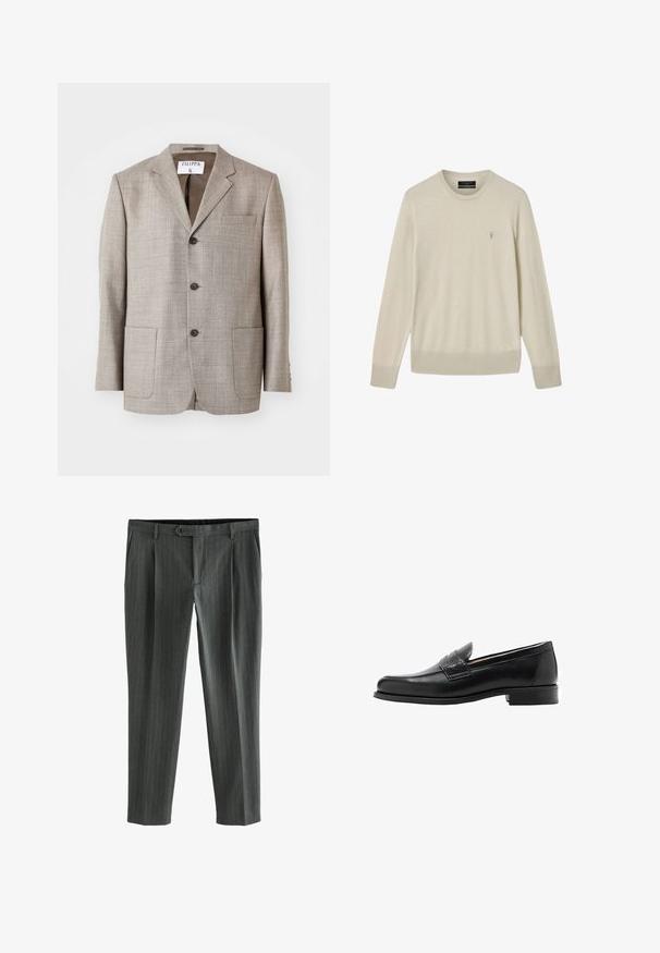 Blazer de color marrón claro con una tela texturizada, solapas muesca, botones frontales y dos bolsillos frontales. La etiqueta dice "Filippa K."; Suéter beige de manga larga con cuello redondo, puños y dobladillo acanalados, con un pequeño logo bordado en el pecho izquierdo.; Pantalones de rayas grises con un corte ajustado, que presentan una parte delantera plana, pasadores para cinturón y un cierre de un solo botón.; Mocasines de cuero negro con un diseño elegante, textura suave, costuras prominentes y un tacón bajo de bloque. Sin herrajes ni adornos visibles.