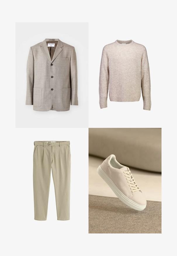 Lys brun blazer med en tekstureret stof, flapskuldre, frontknapper og to forlommer. Mærket lyder "Filippa K."; Beige striktrøje med lange ærmer, diskret tekstureret mønster, ribstrikkede manchetter og kant samt en rund halsudskæring.; Beige lige snit afslappede bukser med frontknap og lynlås, bæltestropper og sidelommer.; Beige ruskinds sneakers med hvid sål og snørebånd, vist svævende over tekstureret beige tæppe mod en blød beige baggrund.