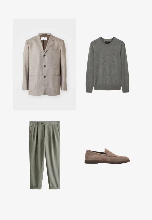 Blazer marron clair en tissu texturé, avec des revers découpés, des boutons à l'avant et deux poches avant. L'étiquette indique "Filippa K."; Pull pour homme à manches longues avec col rond, en maille grise moyenne unie, avec un petit logo ton sur ton sur le côté gauche de la poitrine.; Pantalon gris rayé ajusté avec des plis devant, poches latérales, taille boutonnée et ourlets retournés.; Mocassin homme en daim beige avec semelle plate marron foncé et détails de couture minimalistes, présenté en profil latéral sur fond blanc.