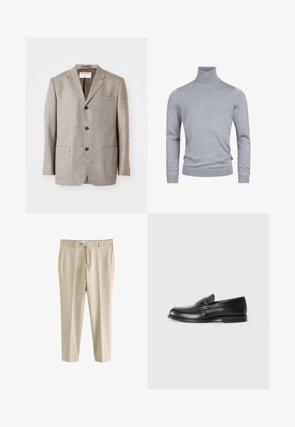 Blazer de color marrón claro con una tela texturizada, solapas muesca, botones frontales y dos bolsillos frontales. La etiqueta dice "Filippa K."; Suéter gris de cuello tortuga hecho de un suave tejido de punto. Cuenta con mangas largas y un diseño ajustado con puños y dobladillo acanalados. Textura simple y suave.; Pantalones beige a medida para hombre con trabillas para cinturón, botón frontal, cremallera y bolsillos laterales, mostrados sobre un fondo blanco.; Mocasines de cuero negro con punta redondeada, detalles cosidos y suela plana de goma. Presentan una banda ancha sobre el empeine.