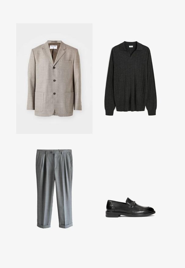 Lys brun blazer med en tekstureret stof, flapskuldre, frontknapper og to forlommer. Mærket lyder "Filippa K."; Mørkegrå langærmet striktrøje med vertikale ribstriber, en blød krave og en V-halsåbning.; Grå skræddersyede bukser med fordele, sidelommer, knaplukning, bæltestropper og opsmøgede kanter, vist på en hvid baggrund.; Sorte læder loafers med en glat tekstur, rund tå og en dekorativ metalklipsaccent på forfoden. Lav stablet hæl.