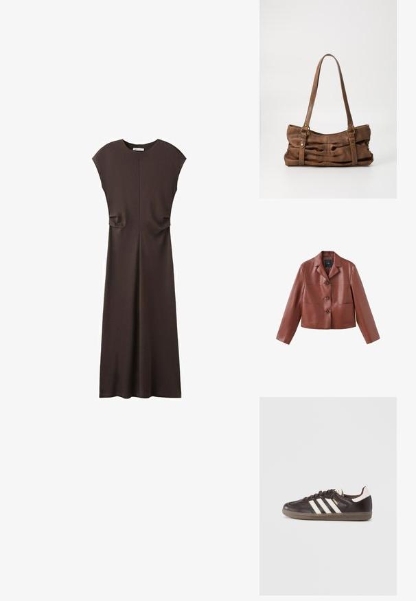 Veste en cuir marron coupée avec un col, trois boutons, deux poches avant et des manches longues. Le matériau a une finition lisse et brillante.; Robe midi sans manches marron foncé avec encolure arrondie et détails subtils froncés à la taille, coupe droite et design simple.; Baskets en cuir marron foncé avec un design à trois bandes blanches, une semelle en caoutchouc et l'inscription "Samba" en lettres dorées sur le côté. Forme classique basse.; Even&Odd by Zalando Sac à main - brown