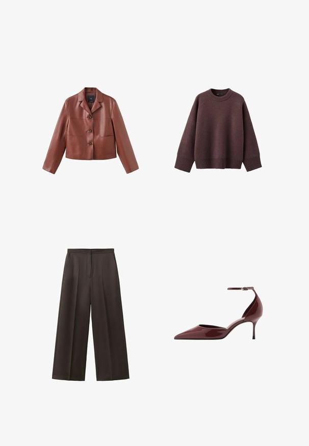 Veste en cuir marron coupée avec un col, trois boutons, deux poches avant et des manches longues. Le matériau a une finition lisse et brillante.; Pull ample de couleur bordeaux foncé, en tissu tricoté doux. Il présente un col rond côtelé, de larges manches et un ourlet côtelé.; Pantalon noir à jambes larges avec taille haute, plis avant et poches latérales, conçu pour une tenue formelle ou professionnelle.; Chaussure à talon kitten brillante bordeaux à bout pointu avec bride à la cheville et boucle argentée sur fond blanc.