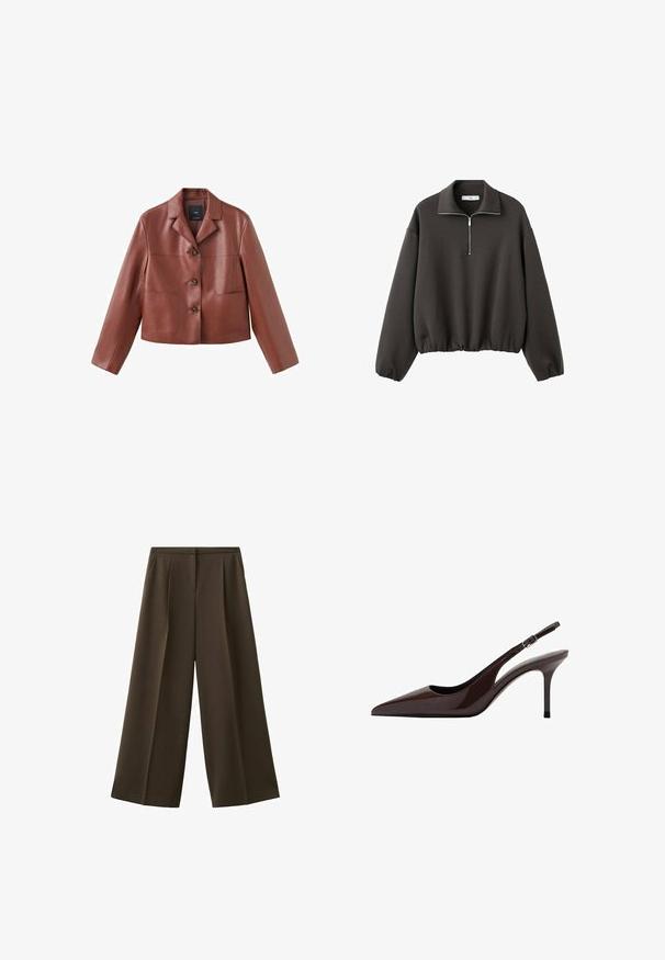 Veste en cuir marron coupée avec un col, trois boutons, deux poches avant et des manches longues. Le matériau a une finition lisse et brillante.; Sweat-shirt à col montant gris foncé, avec une courte fermeture éclair à l'avant et un ourlet élastiqué. Tissu doux avec une coupe décontractée et ample.; Pantalon à jambes larges en tissu marron foncé, avec plis à l'avant et texture lisse. Pas de poches visibles ni d'ornements.; Talons slingbacks en cuir verni marron avec un bout pointu, un talon fin et une bride réglable. Texture lisse et finition brillante.