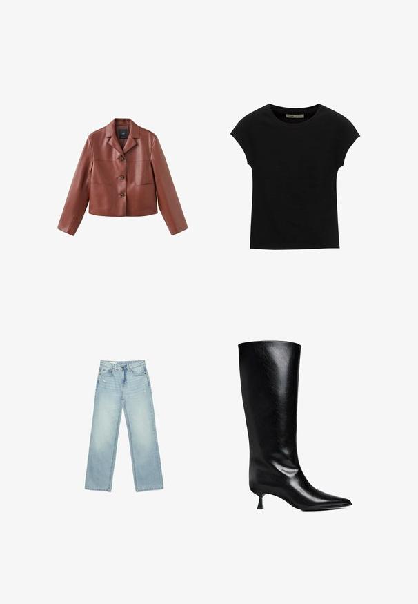 Veste en cuir marron coupée avec un col, trois boutons, deux poches avant et des manches longues. Le matériau a une finition lisse et brillante.; T-shirt noir à manches courtes avec un col rond. Confectionné en coton lisse et extensible. Design simple sans motifs ni graphismes.; Jean taille haute bleu clair à jambes larges, légèrement usé sur les poches avant et les cuisses, fermeture par boutons et design cinq poches.; Boot en cuir noir, montant jusqu'au genou, avec un bout pointu, une silhouette élancée et un talon carré bas, le tout avec une finition brillante.